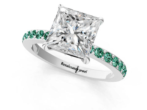White gold Princess Cut Diamond Pavé Engagement Ring with Round with Green Sapphire side stone Accents and Prong Setting_1