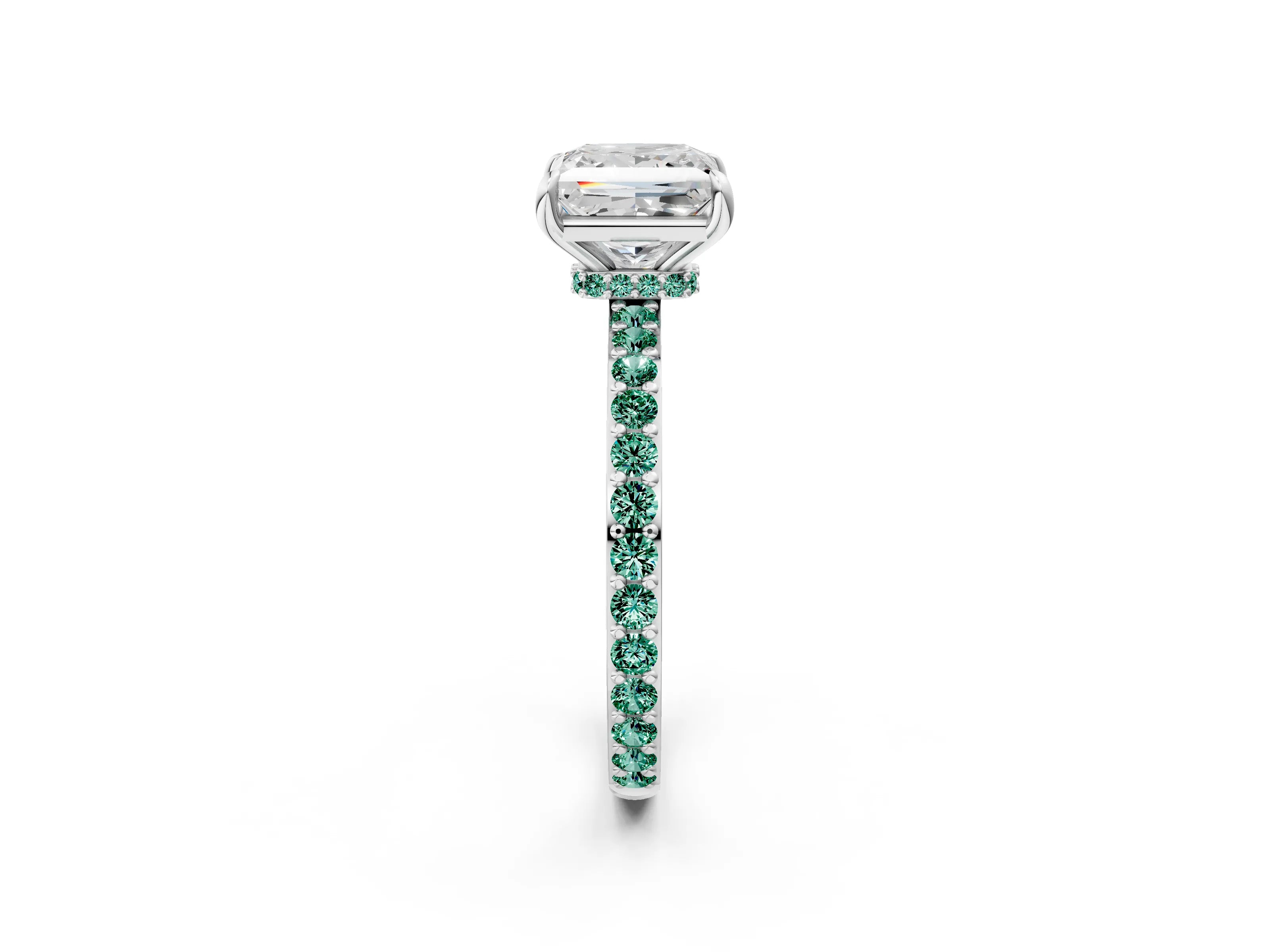 White gold Princess Cut Diamond Pavé Engagement Ring with Round with Green Sapphire side stone Accents and Prong Setting_2