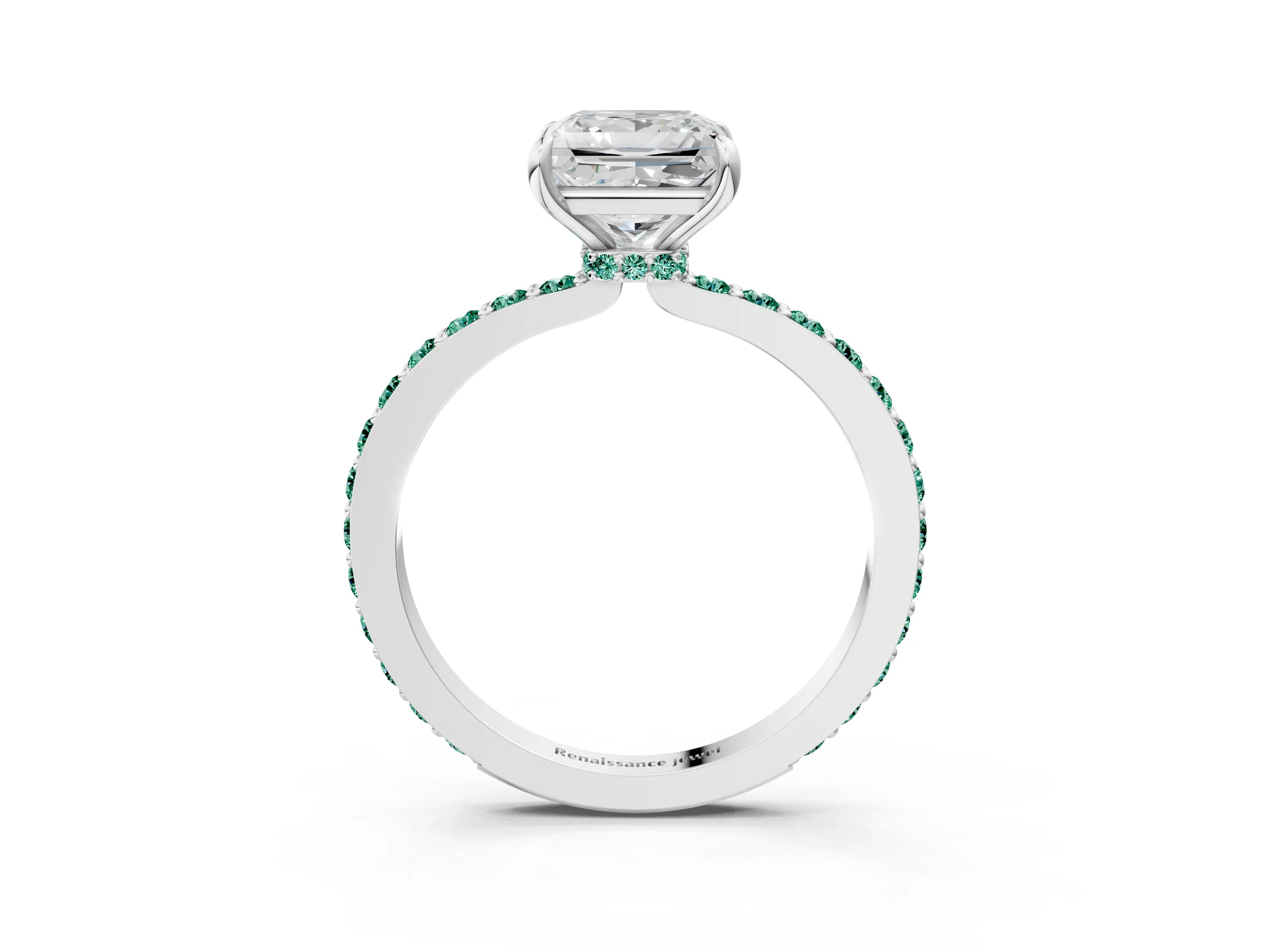 White gold Princess Cut Diamond Pavé Engagement Ring with Round with Green Sapphire side stone Accents and Prong Setting_3