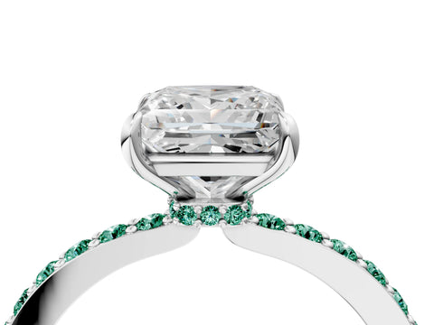 White gold Princess Cut Diamond Pavé Engagement Ring with Round with Green Sapphire side stone Accents and Prong Setting_4