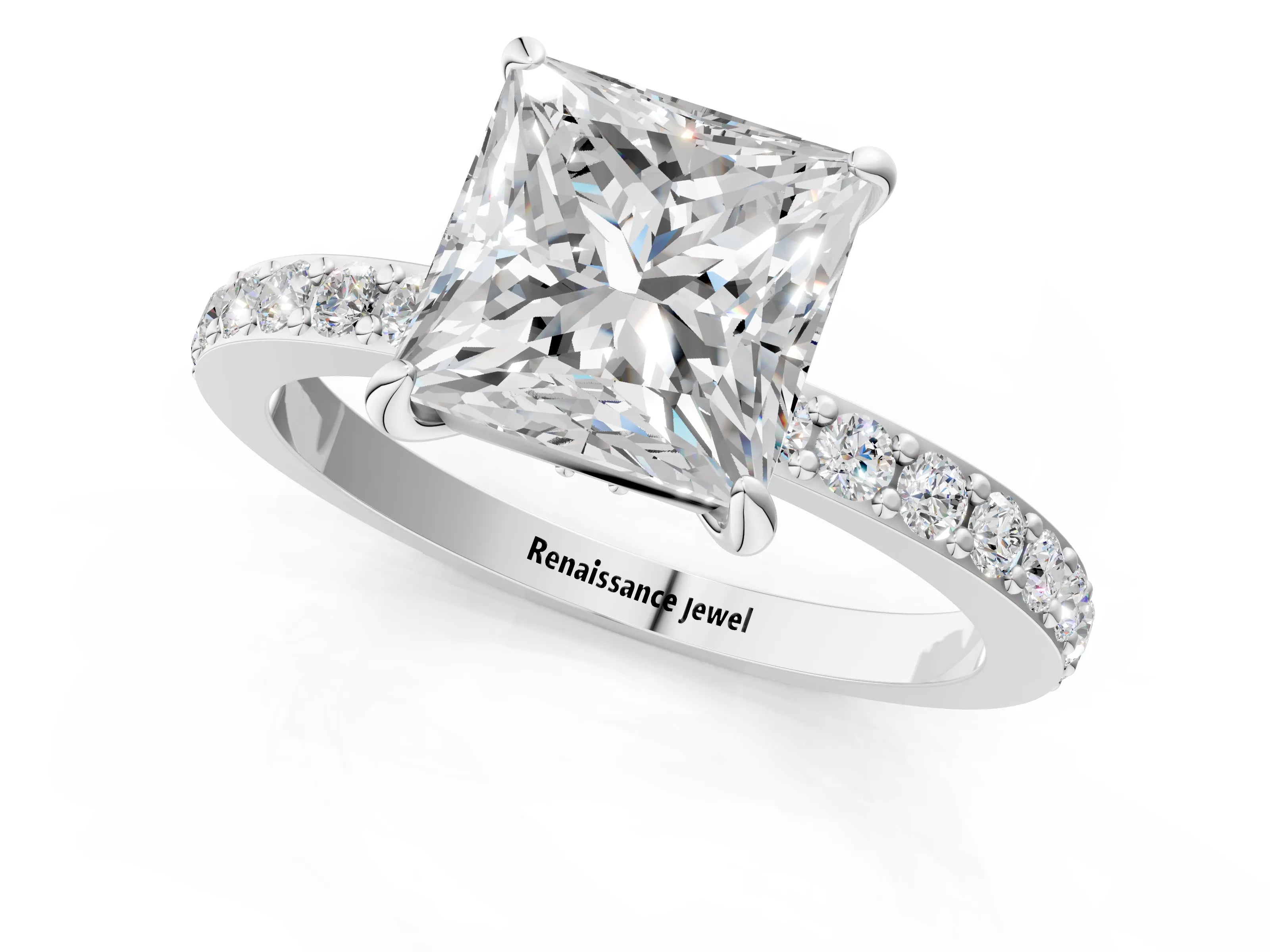 White gold Princess Cut Diamond Pavé Engagement Ring with Round with Moissanite side stone Accents and Prong Setting_13