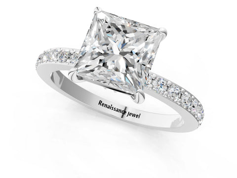 White gold Princess Cut Diamond Pavé Engagement Ring with Round with Moissanite side stone Accents and Prong Setting_1