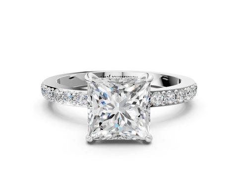 White gold Princess Cut Diamond Pavé Engagement Ring with Round with Moissanite side stone Accents and Prong Setting