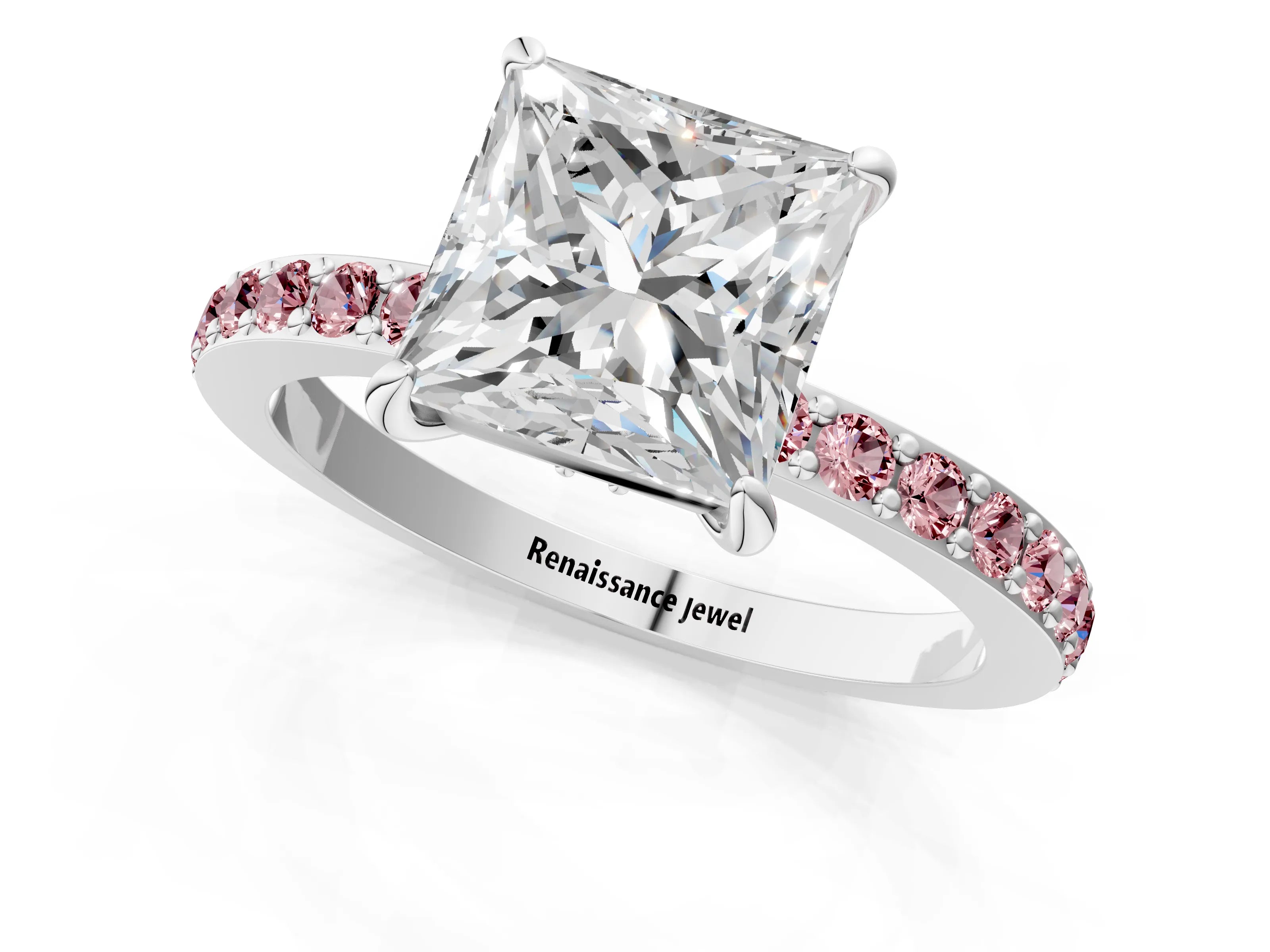 White gold Princess Cut Diamond Pavé Engagement Ring with Round with Morganite side stone Accents and Prong Setting_1