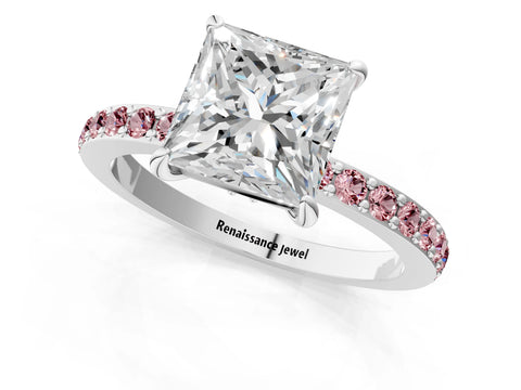 White gold Princess Cut Diamond Pavé Engagement Ring with Round with Morganite side stone Accents and Prong Setting_13