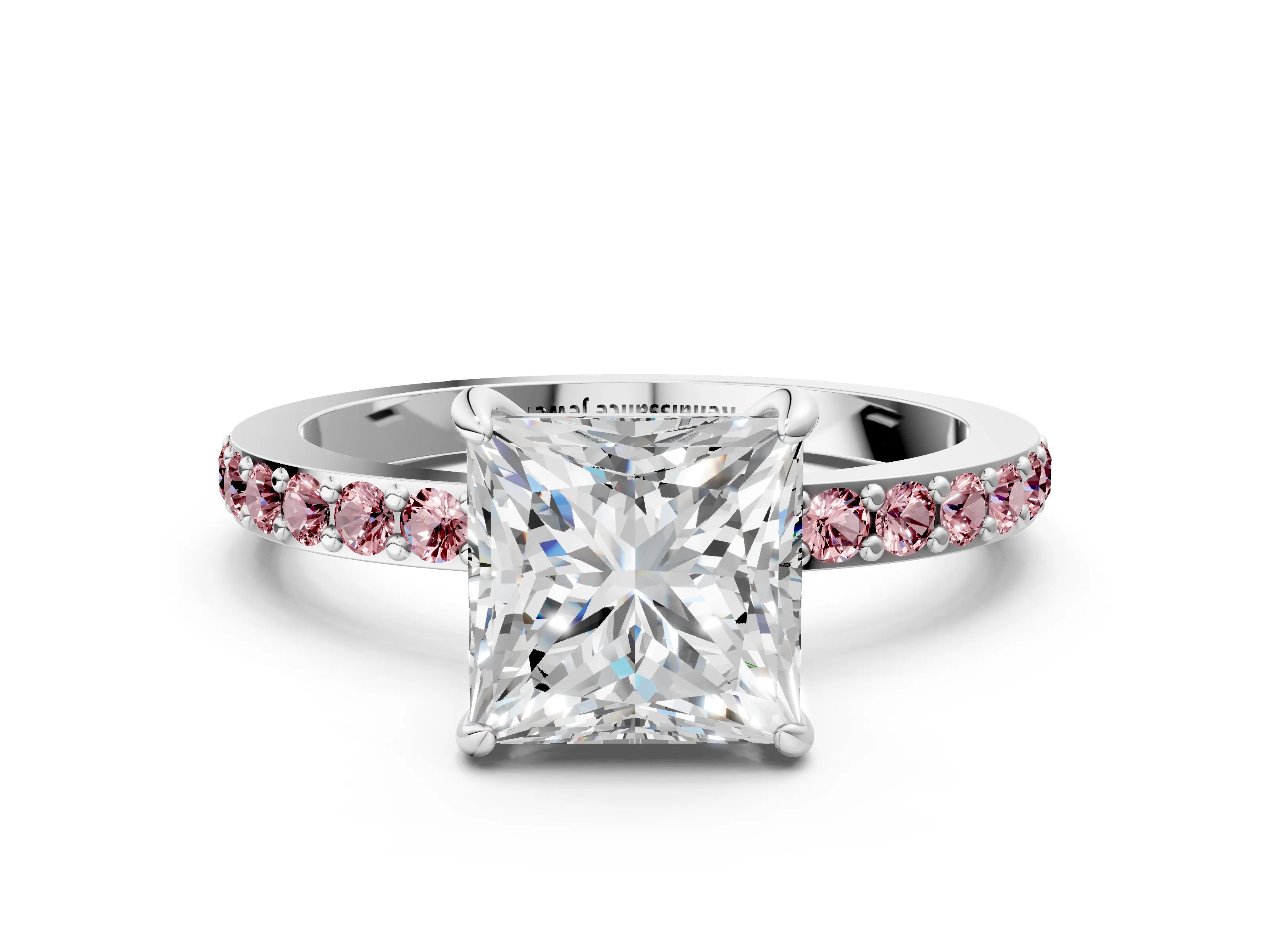 White gold Princess Cut Diamond Pavé Engagement Ring with Round with Morganite side stone Accents and Prong Setting