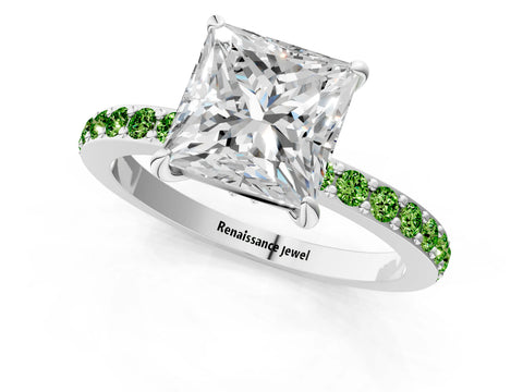White gold Princess Cut Diamond Pavé Engagement Ring with Round with Peridot side stone Accents and Prong Setting_13