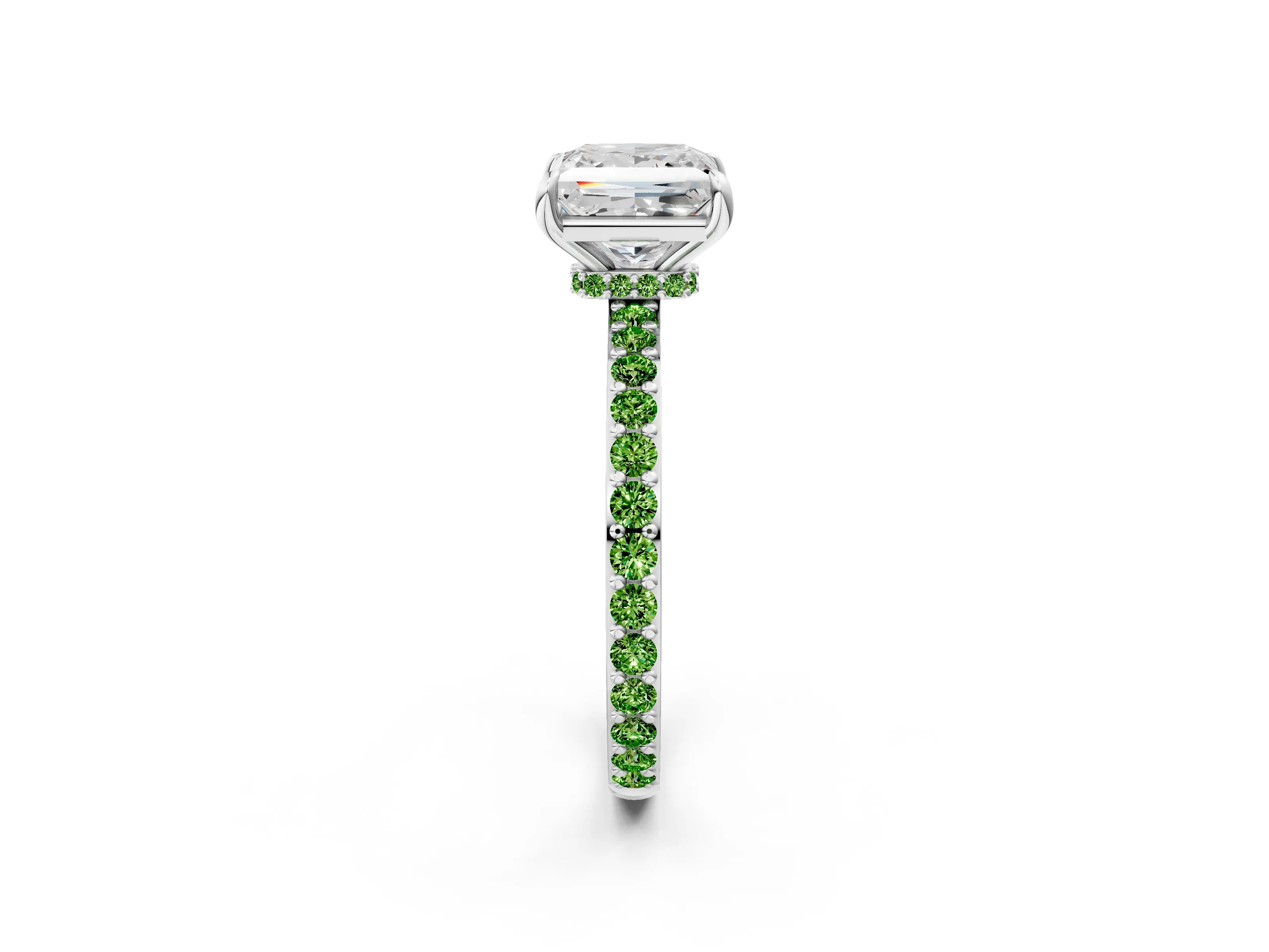 White gold Princess Cut Diamond Pavé Engagement Ring with Round with Peridot side stone Accents and Prong Setting_2