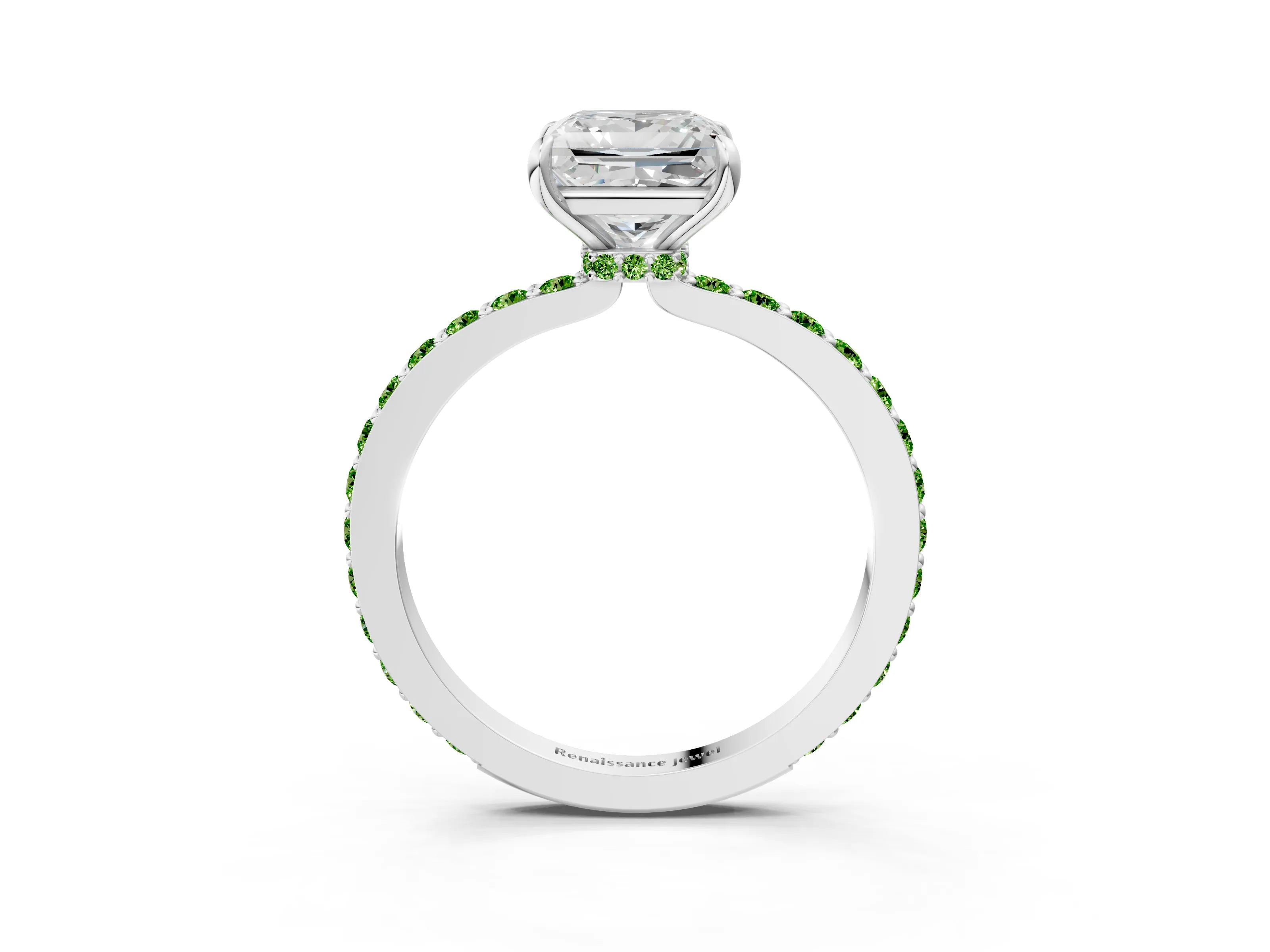 White gold Princess Cut Diamond Pavé Engagement Ring with Round with Peridot side stone Accents and Prong Setting_3