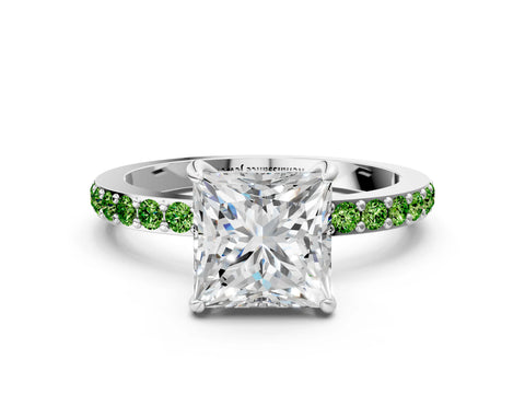 White gold Princess Cut Diamond Pavé Engagement Ring with Round with Peridot side stone Accents and Prong Setting