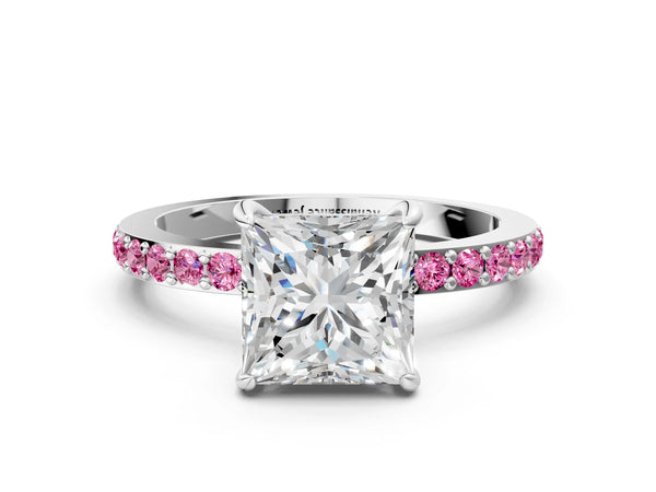 Platinum Princess Cut Hidden Halo Engagement Ring Setting with Lab-Grown Pink Sapphire Pave Band