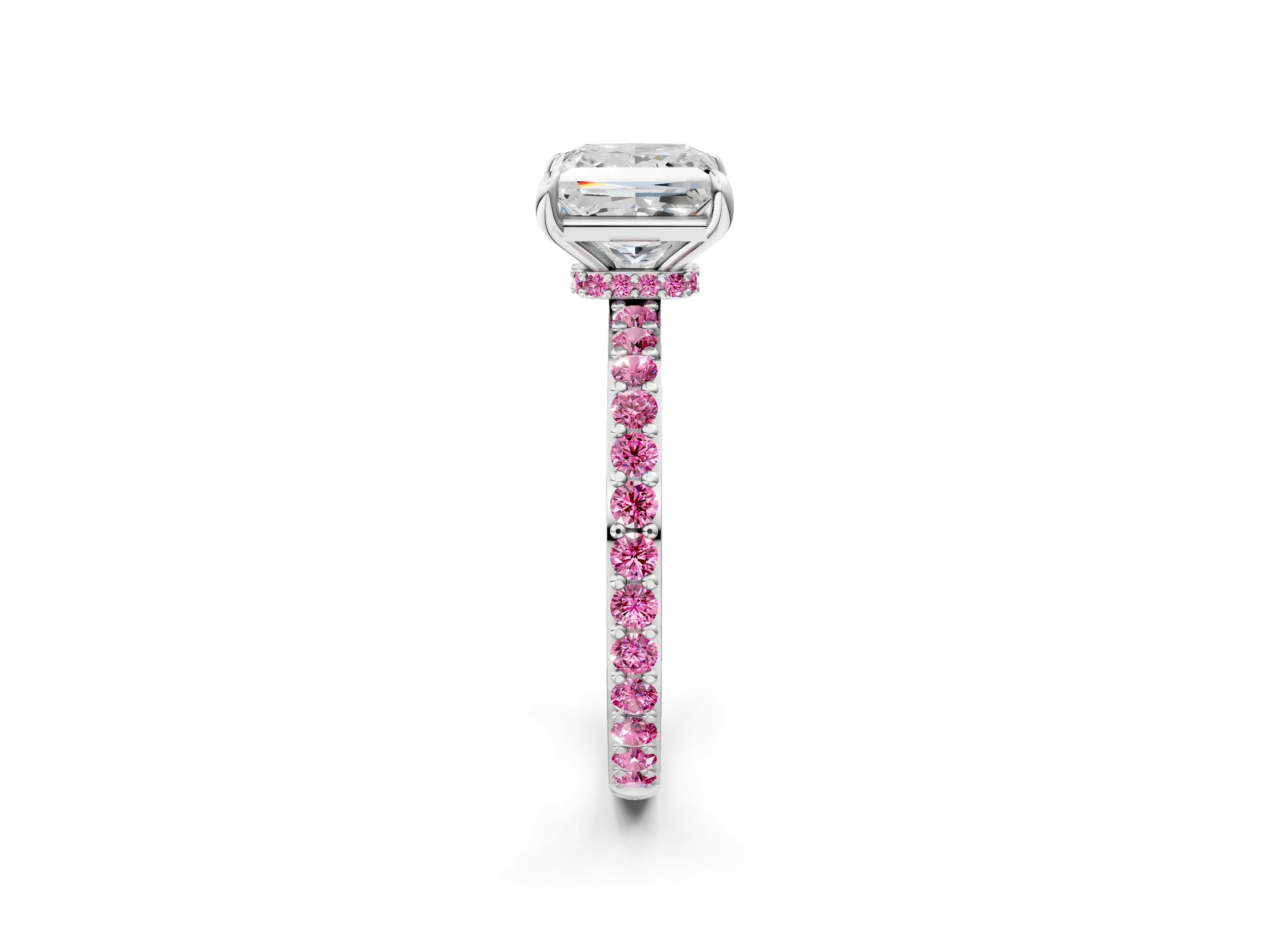 White gold Princess Cut Diamond Pavé Engagement Ring with Round with Pink Sapphire side stone Accents and Prong Setting_14