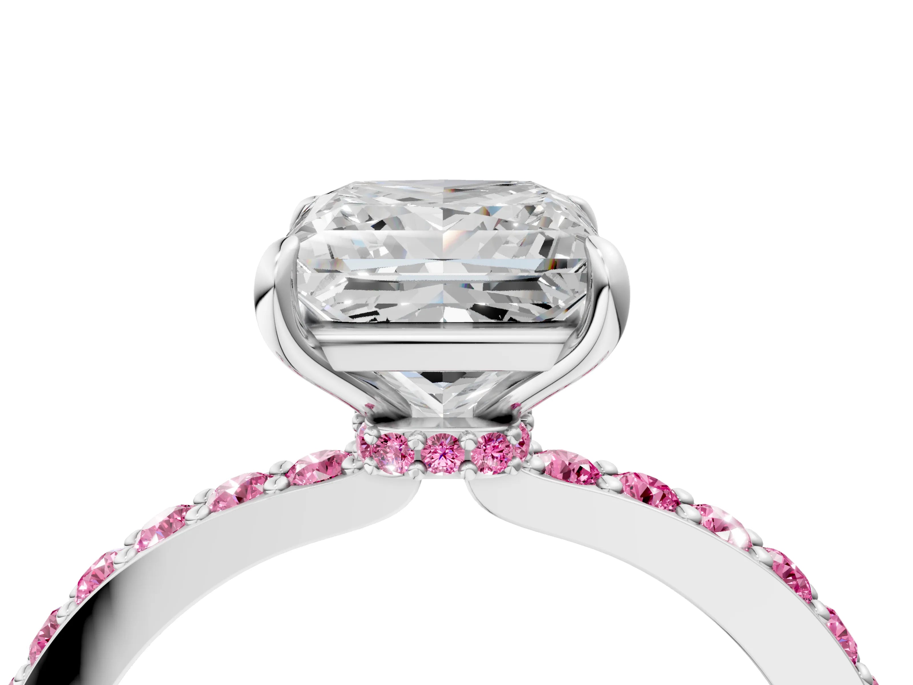 White gold Princess Cut Diamond Pavé Engagement Ring with Round with Pink Sapphire side stone Accents and Prong Setting_16