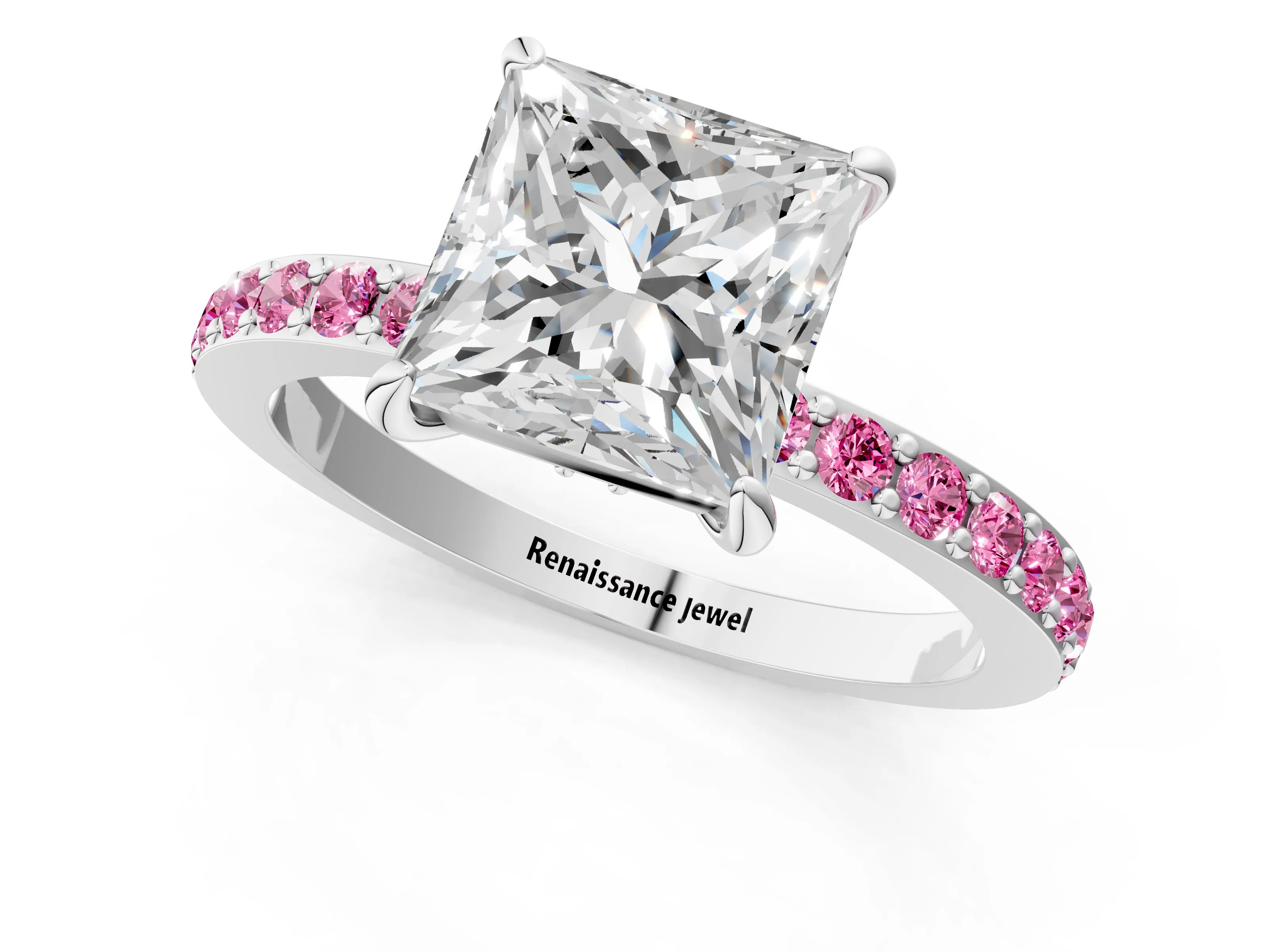 White gold Princess Cut Diamond Pavé Engagement Ring with Round with Pink Sapphire side stone Accents and Prong Setting_1