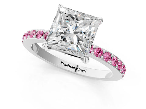 White gold Princess Cut Diamond Pavé Engagement Ring with Round with Pink Sapphire side stone Accents and Prong Setting_1