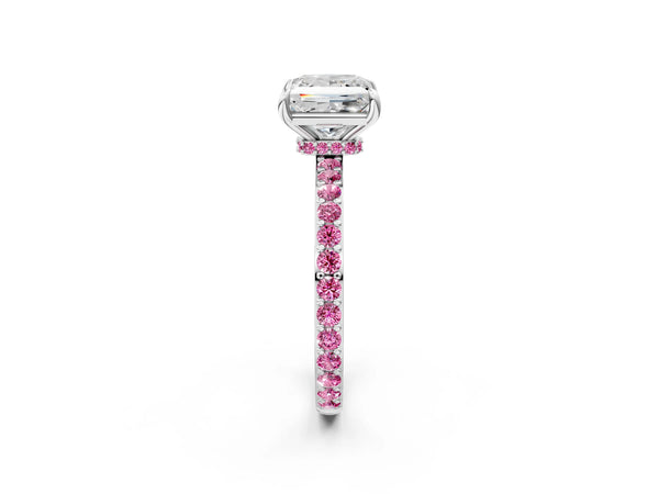Sterling Silver Princess Cut Engagement Ring Setting with Lab-Grown Pink Sapphire Pave Band