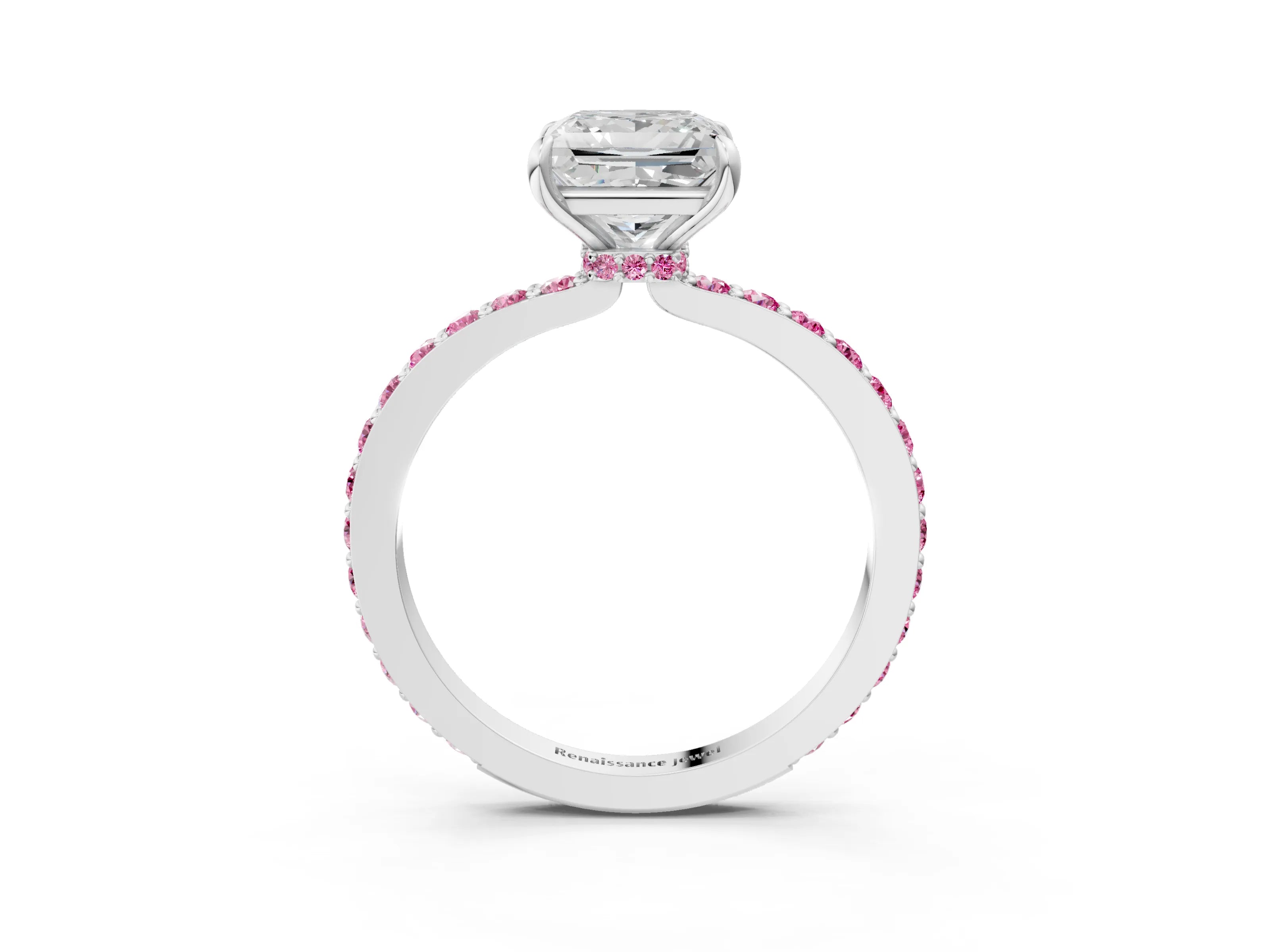White gold Princess Cut Diamond Pavé Engagement Ring with Round with Pink Sapphire side stone Accents and Prong Setting_3