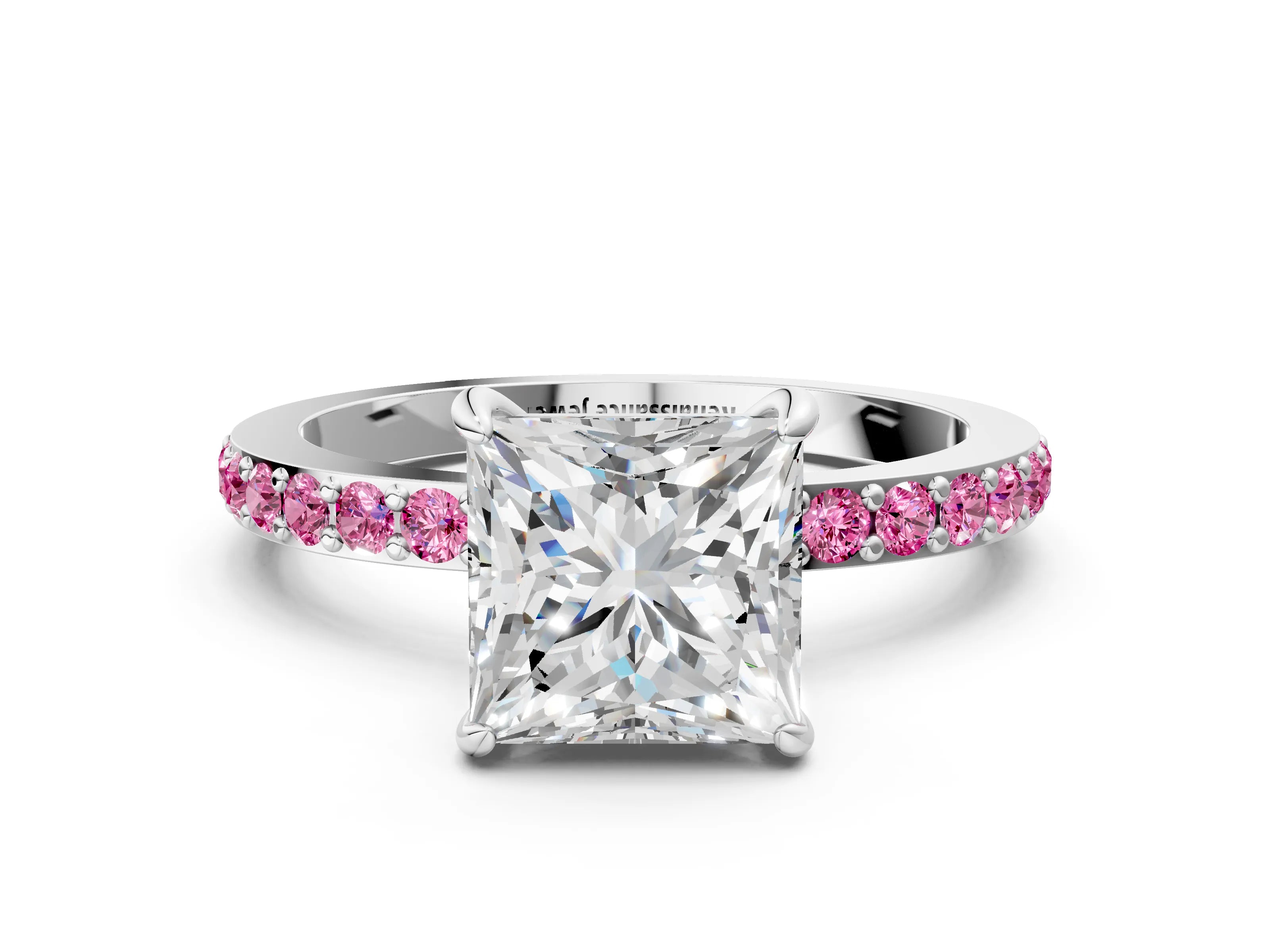 White gold Princess Cut Diamond Pavé Engagement Ring with Round with Pink Sapphire side stone Accents and Prong Setting