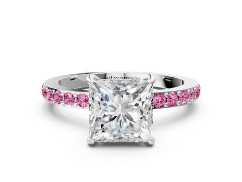 White gold Princess Cut Diamond Pavé Engagement Ring with Round with Pink Sapphire side stone Accents and Prong Setting