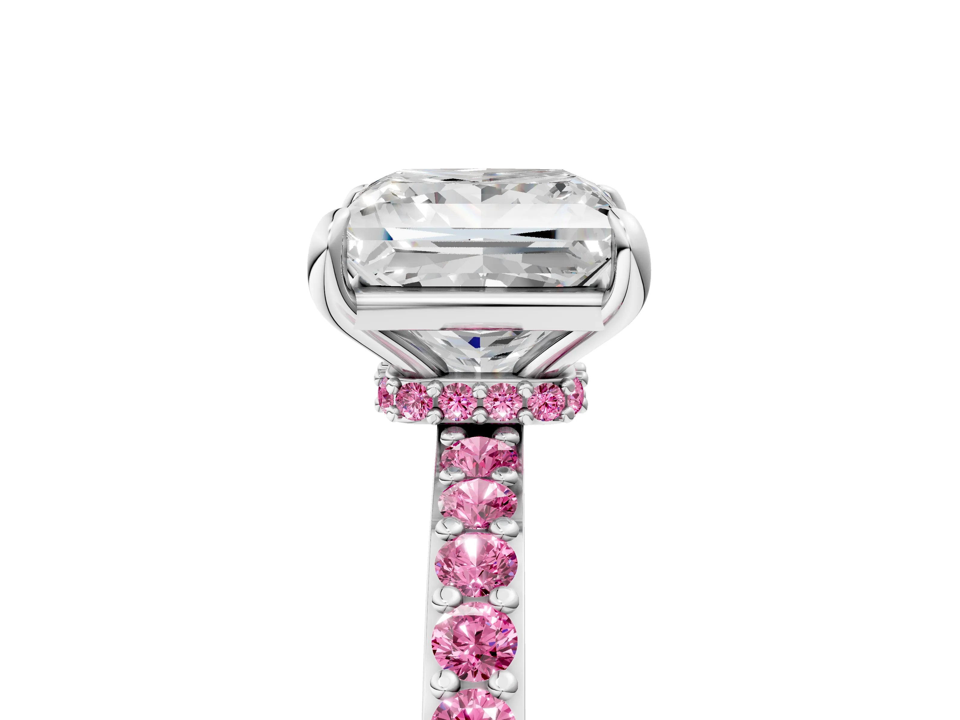 White gold Princess Cut Diamond Pavé Engagement Ring with Round with Pink Sapphire side stone Accents and Prong Setting_5