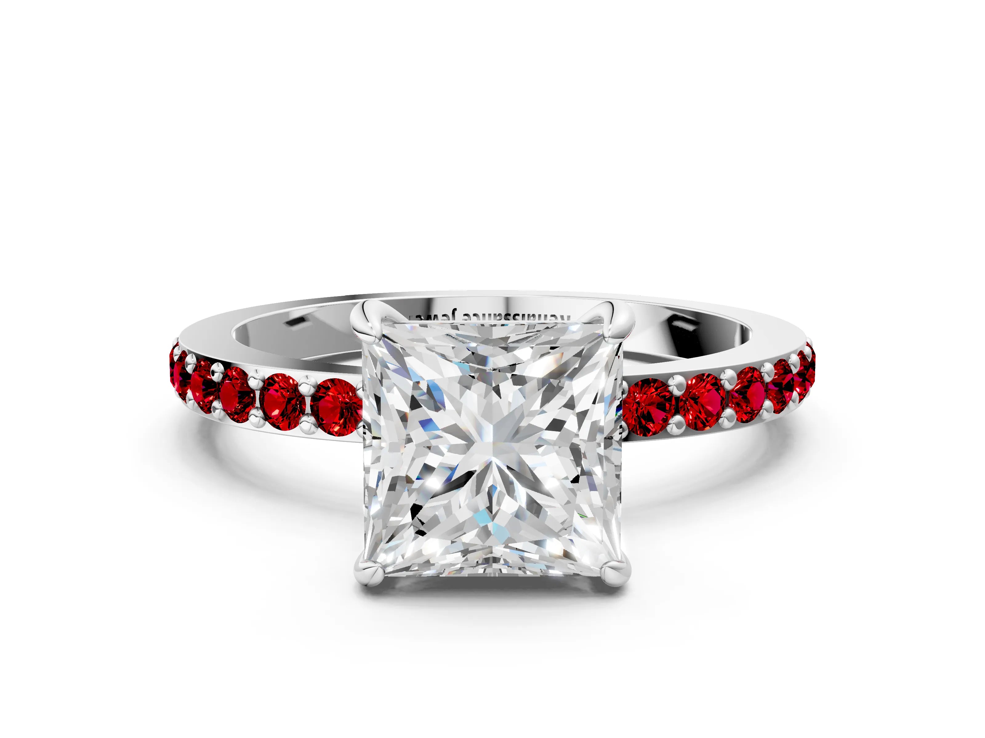 White gold Princess Cut Diamond Pavé Engagement Ring with Round with Ruby side stone Accents and Prong Setting_12