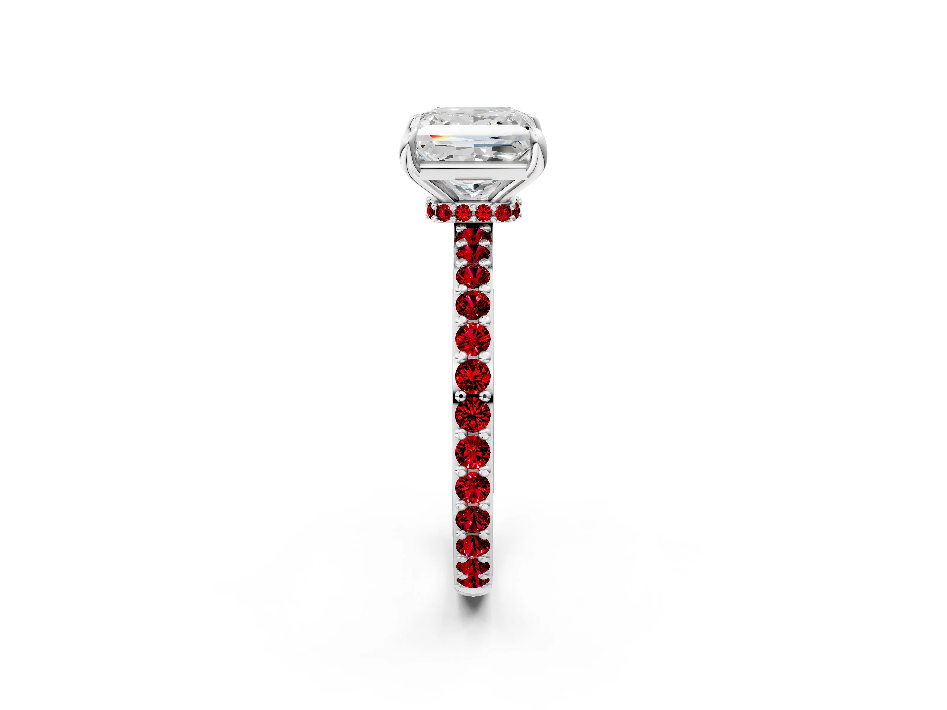 White gold Princess Cut Diamond Pavé Engagement Ring with Round with Ruby side stone Accents and Prong Setting_14
