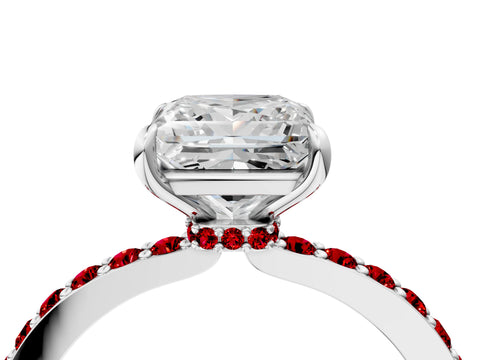 White gold Princess Cut Diamond Pavé Engagement Ring with Round with Ruby side stone Accents and Prong Setting_16
