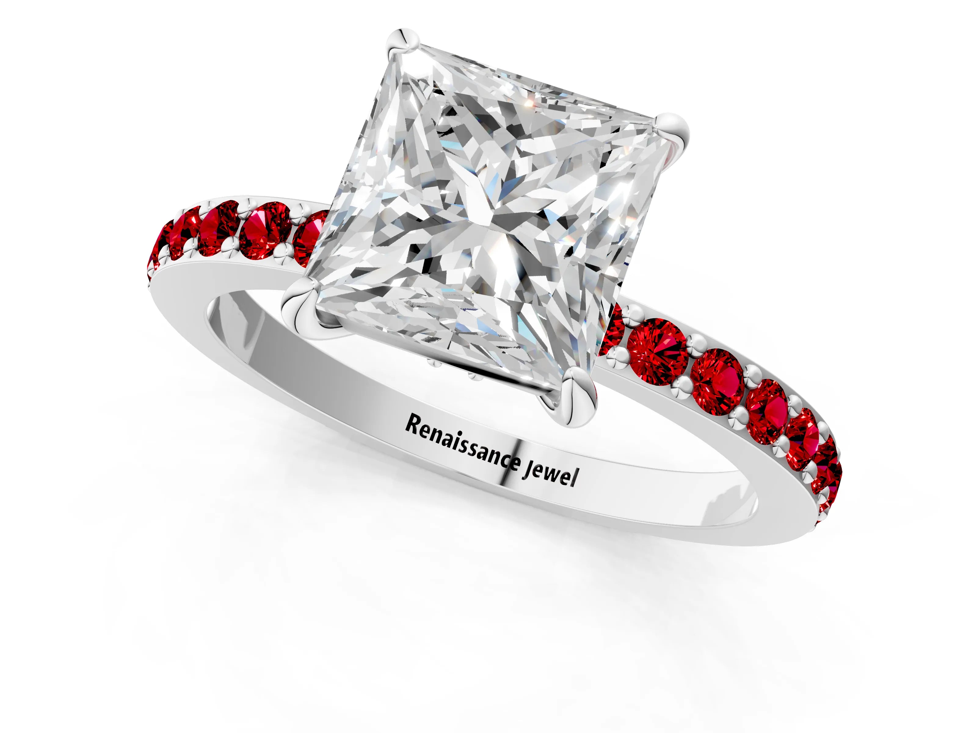 White gold Princess Cut Diamond Pavé Engagement Ring with Round with Ruby side stone Accents and Prong Setting_1