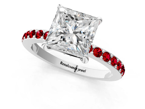 White gold Princess Cut Diamond Pavé Engagement Ring with Round with Ruby side stone Accents and Prong Setting_1