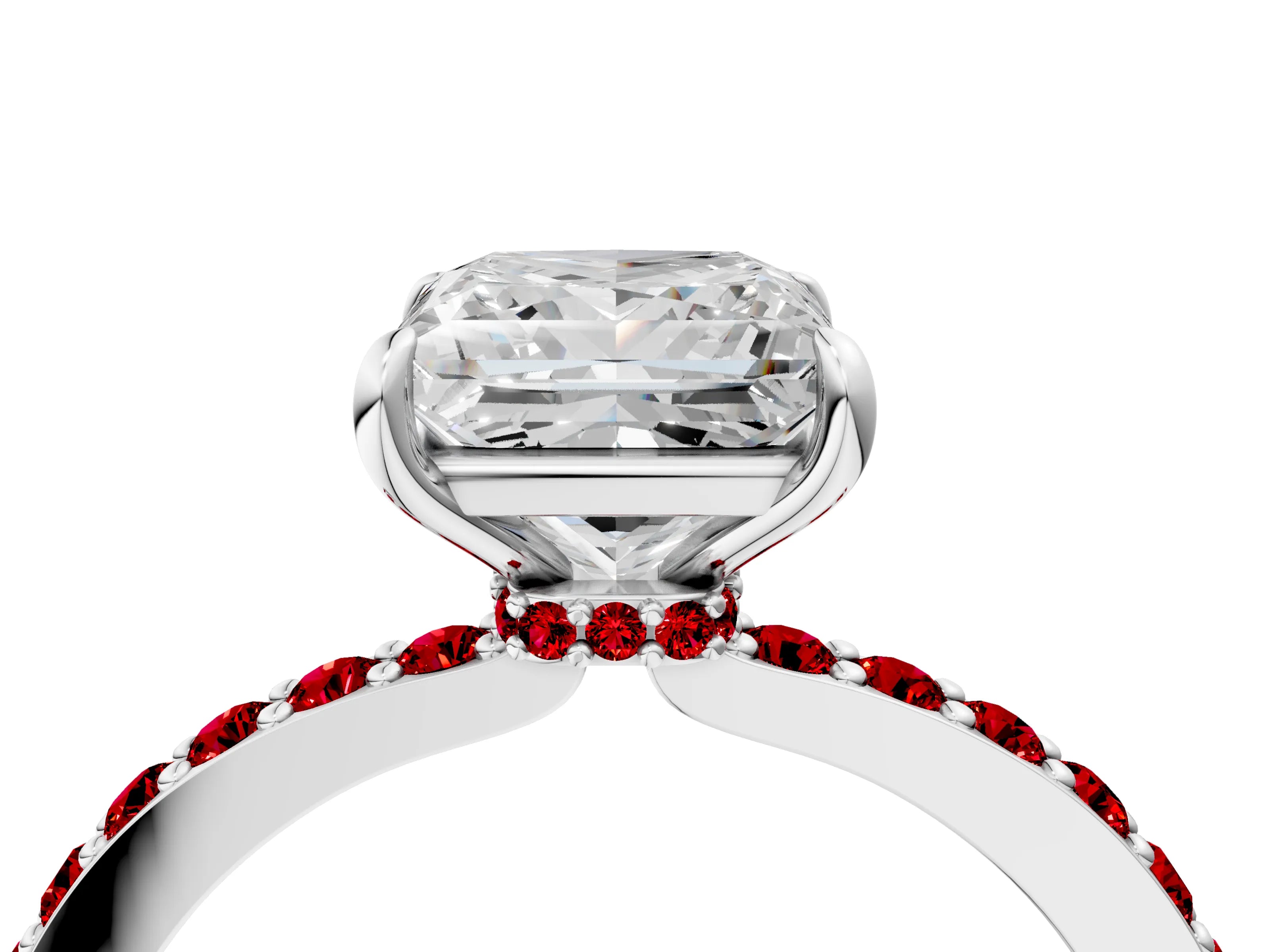 White gold Princess Cut Diamond Pavé Engagement Ring with Round with Ruby side stone Accents and Prong Setting_4