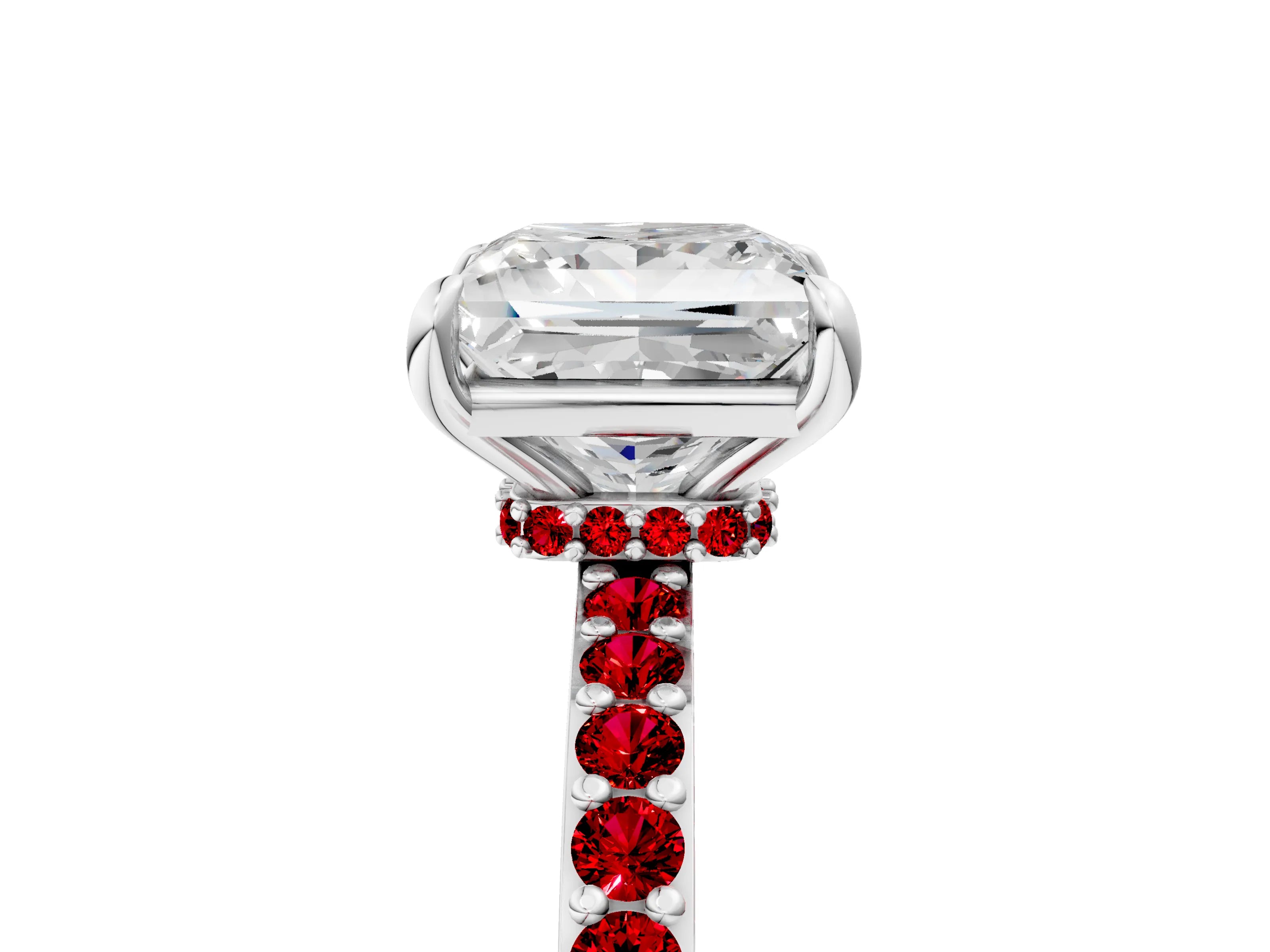 White gold Princess Cut Diamond Pavé Engagement Ring with Round with Ruby side stone Accents and Prong Setting_5