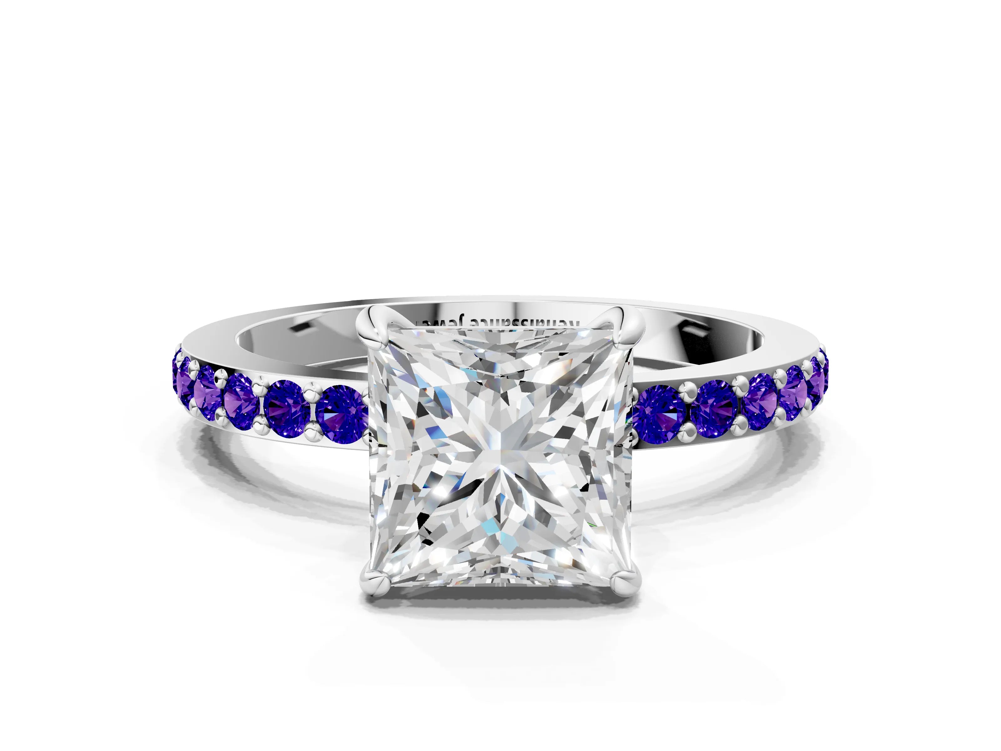 White gold Princess Cut Diamond Pavé Engagement Ring with Round with Tanzanite side stone Accents and Prong Setting