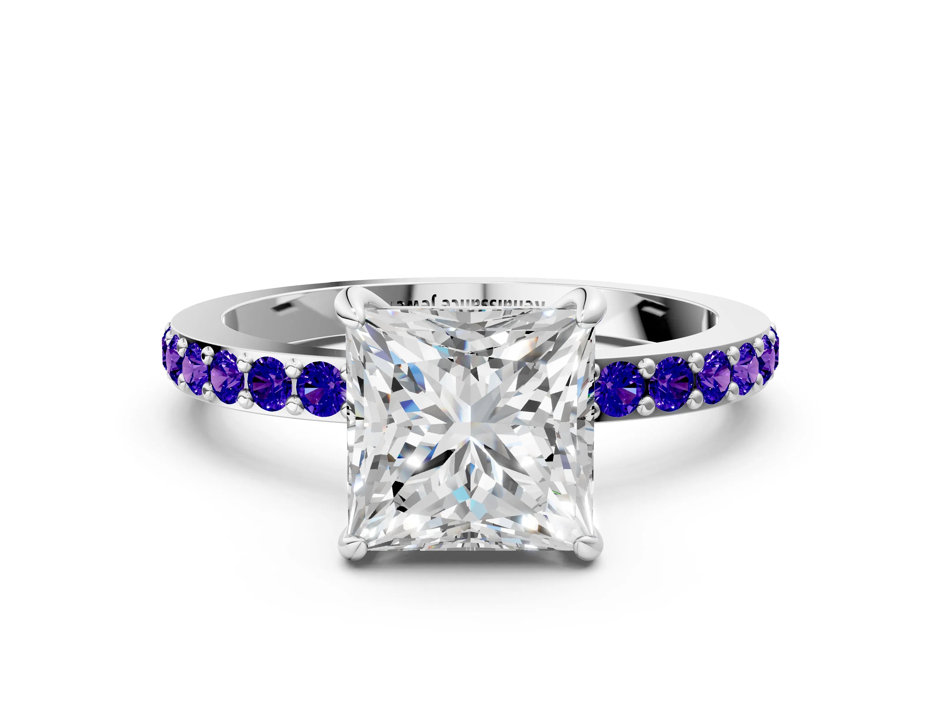 White gold Princess Cut Diamond Pavé Engagement Ring with Round with Tanzanite side stone Accents and Prong Setting_24