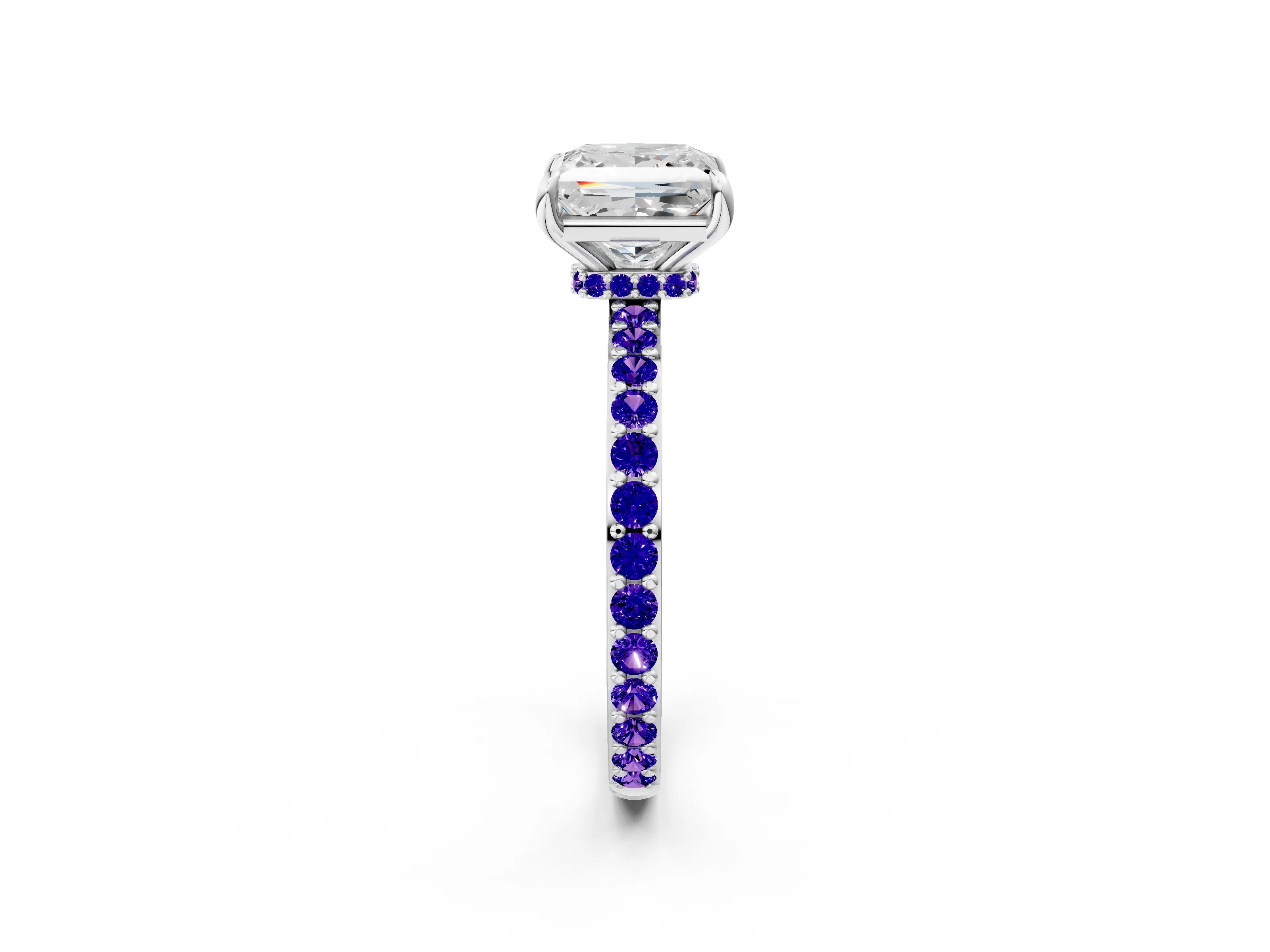 White gold Princess Cut Diamond Pavé Engagement Ring with Round with Tanzanite side stone Accents and Prong Setting_2