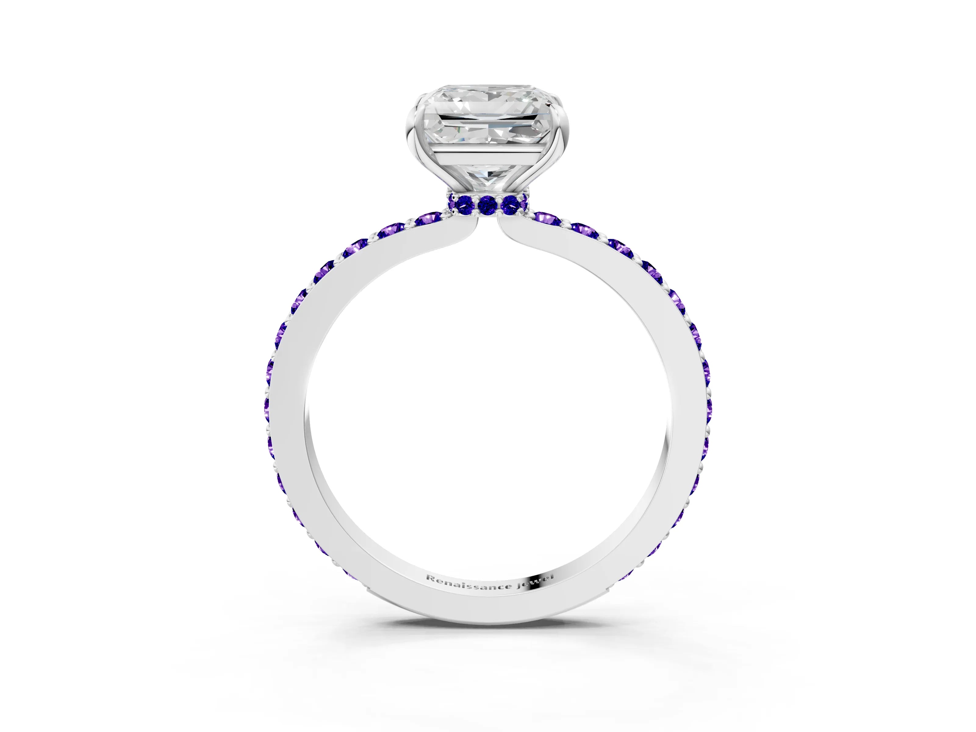 White gold Princess Cut Diamond Pavé Engagement Ring with Round with Tanzanite side stone Accents and Prong Setting_3
