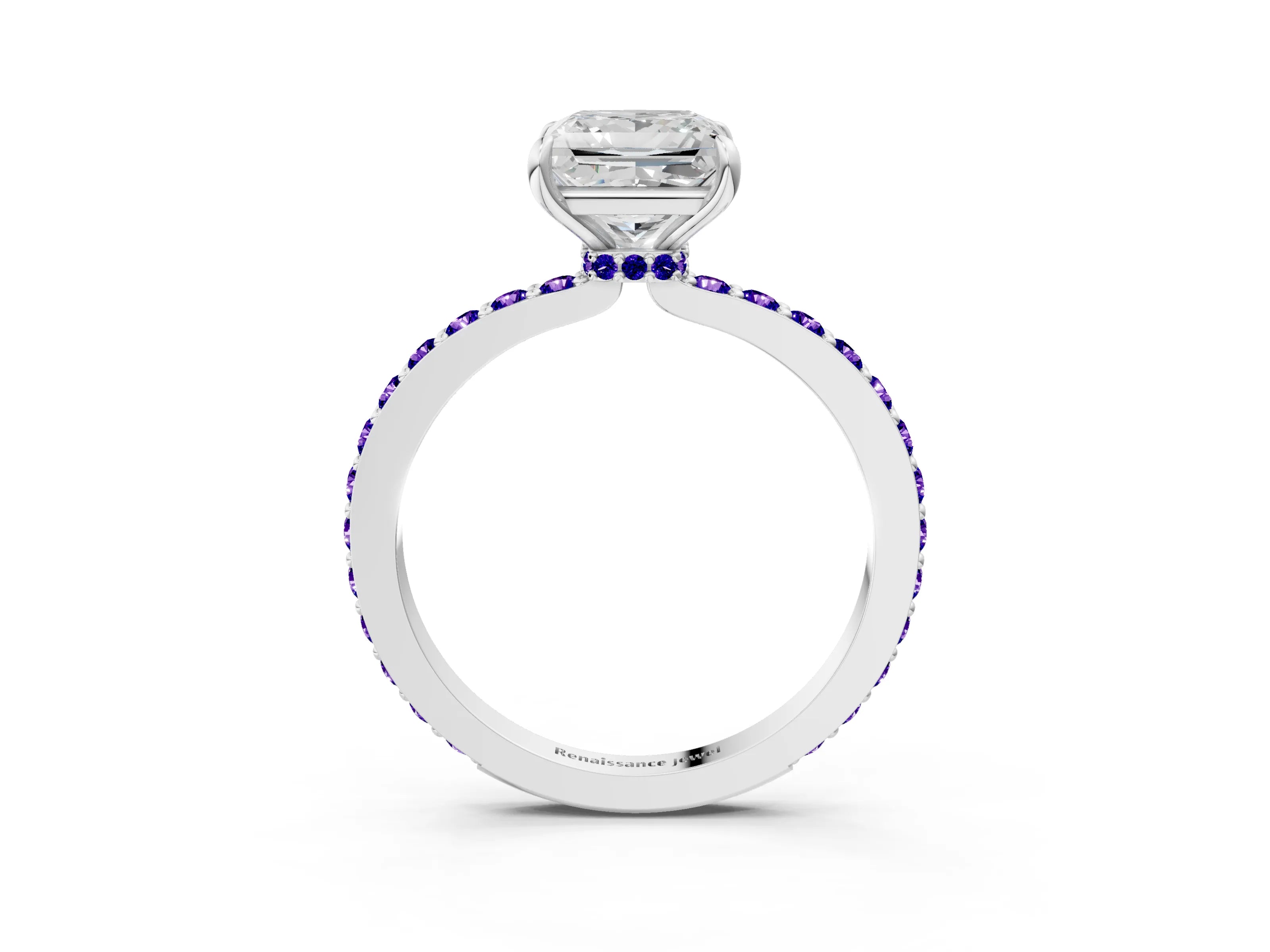White gold Princess Cut Diamond Pavé Engagement Ring with Round with Tanzanite side stone Accents and Prong Setting_3