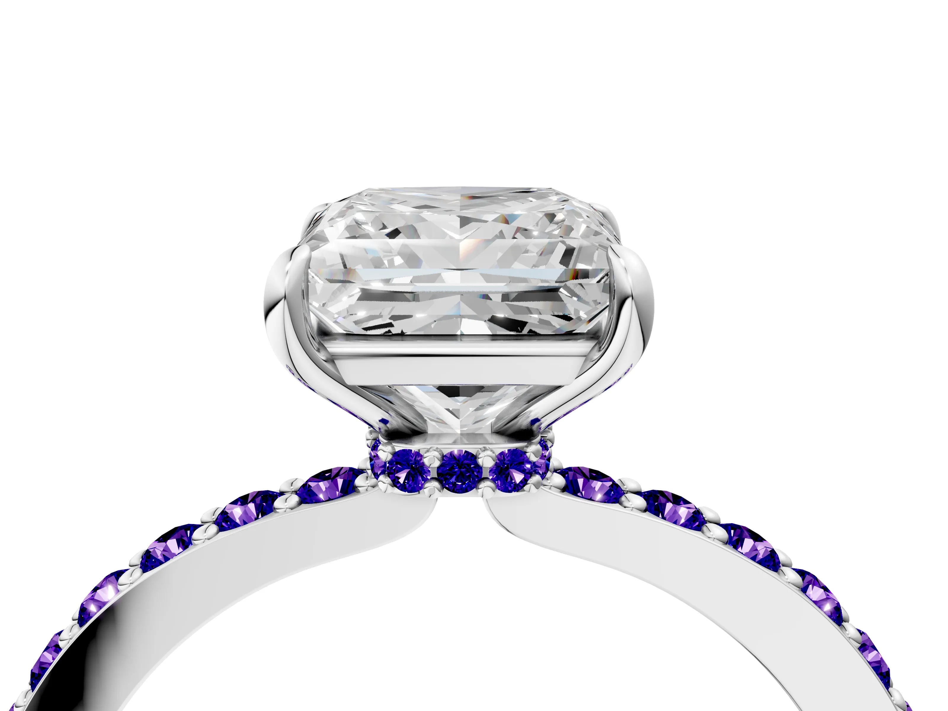 White gold Princess Cut Diamond Pavé Engagement Ring with Round with Tanzanite side stone Accents and Prong Setting_4