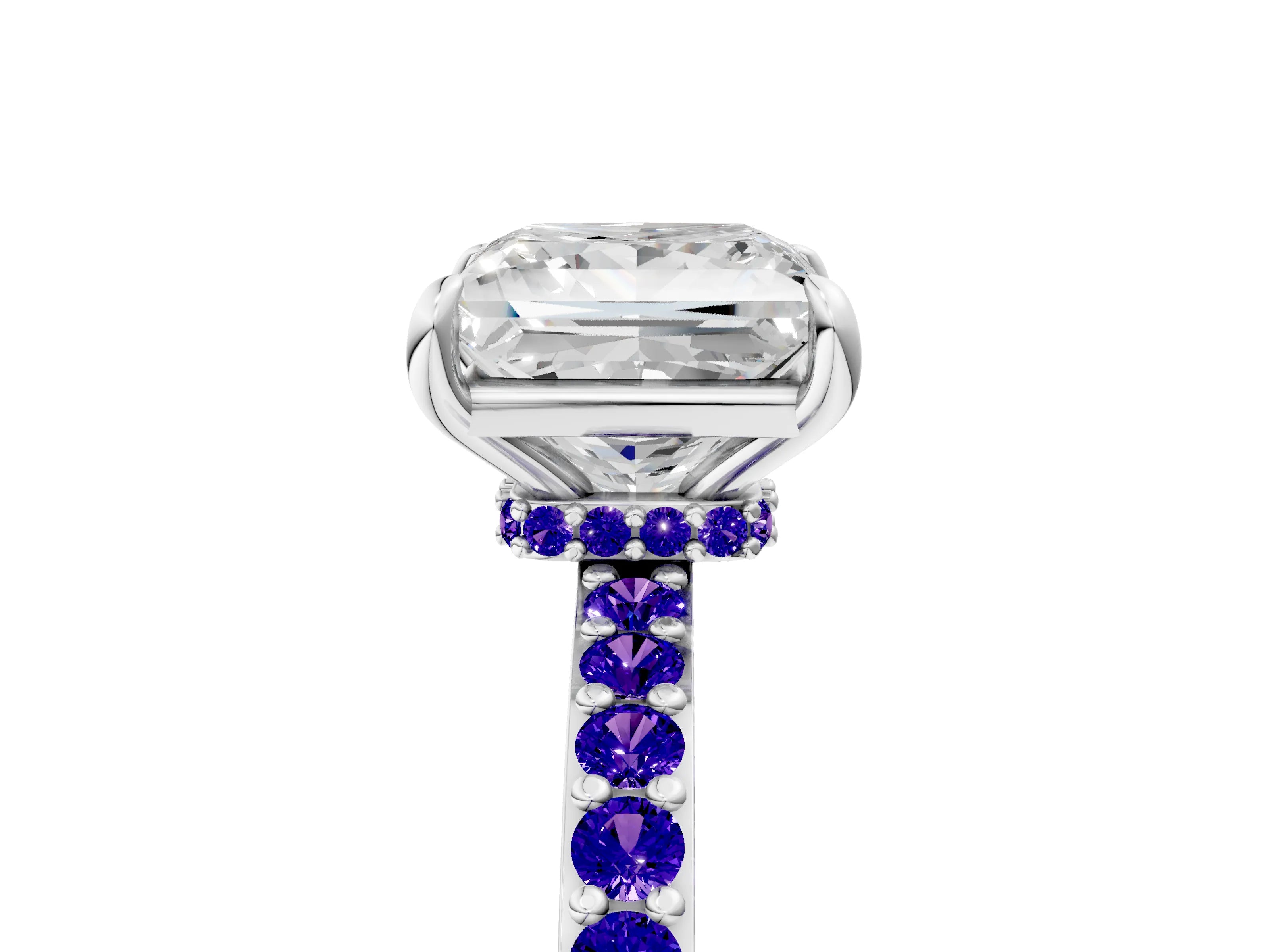 White gold Princess Cut Diamond Pavé Engagement Ring with Round with Tanzanite side stone Accents and Prong Setting_5