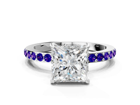 White gold Princess Cut Diamond Pavé Engagement Ring with Round with Tanzanite side stone Accents and Prong Setting