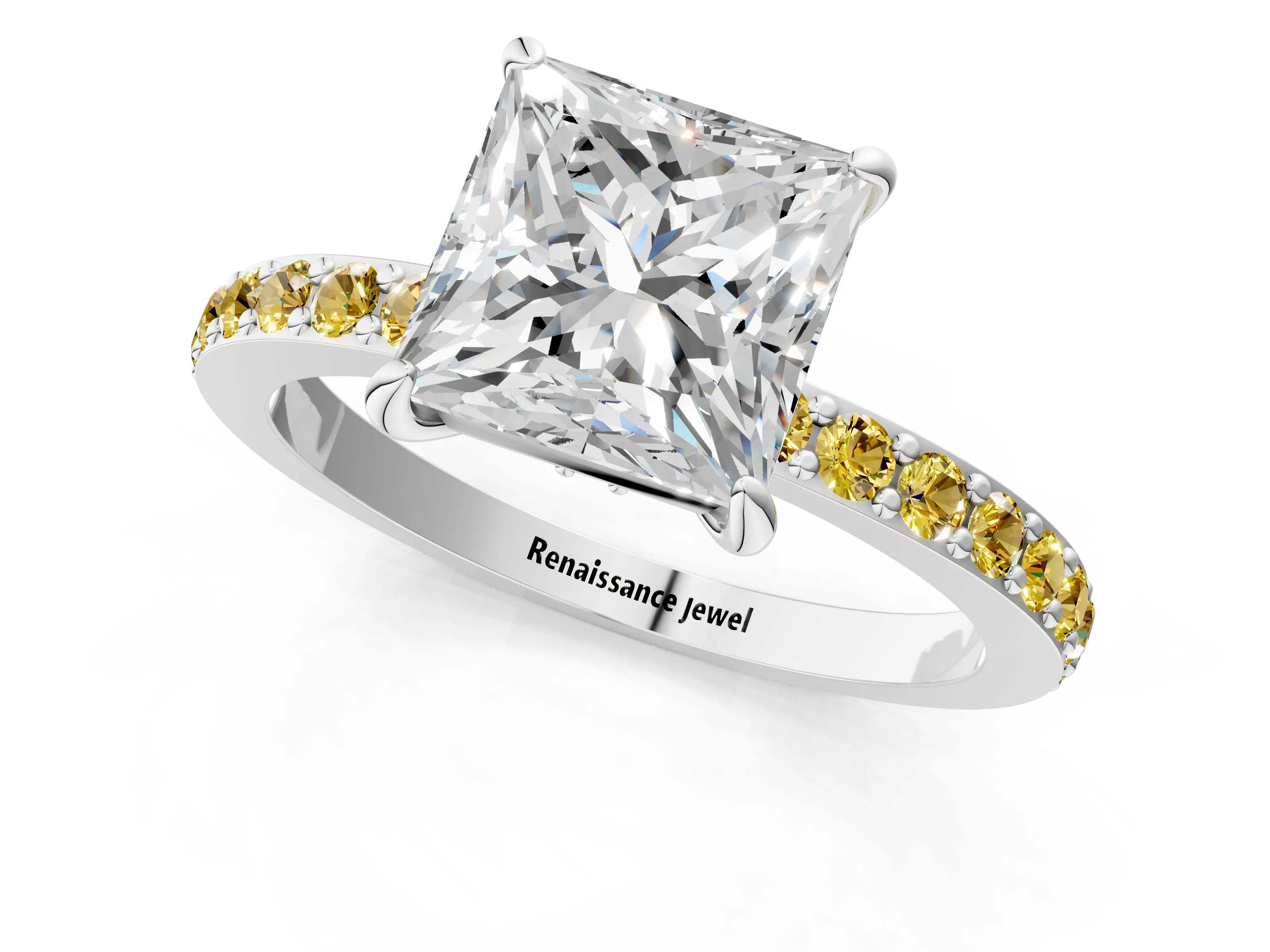 White gold Princess Cut Diamond Pavé Engagement Ring with Round with Yellow Sapphire side stone Accents and Prong Setting_1