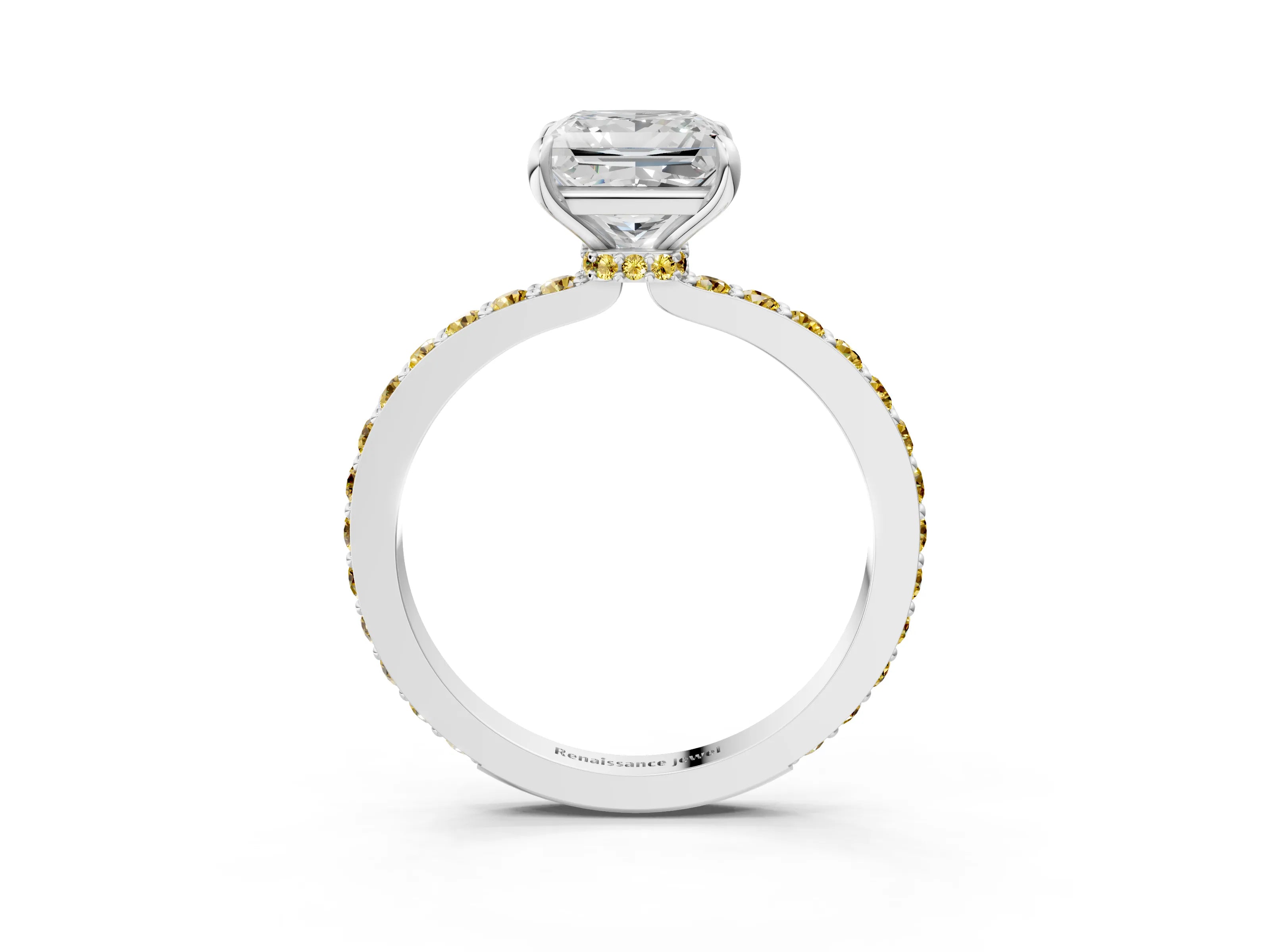 White gold Princess Cut Diamond Pavé Engagement Ring with Round with Yellow Sapphire side stone Accents and Prong Setting_15