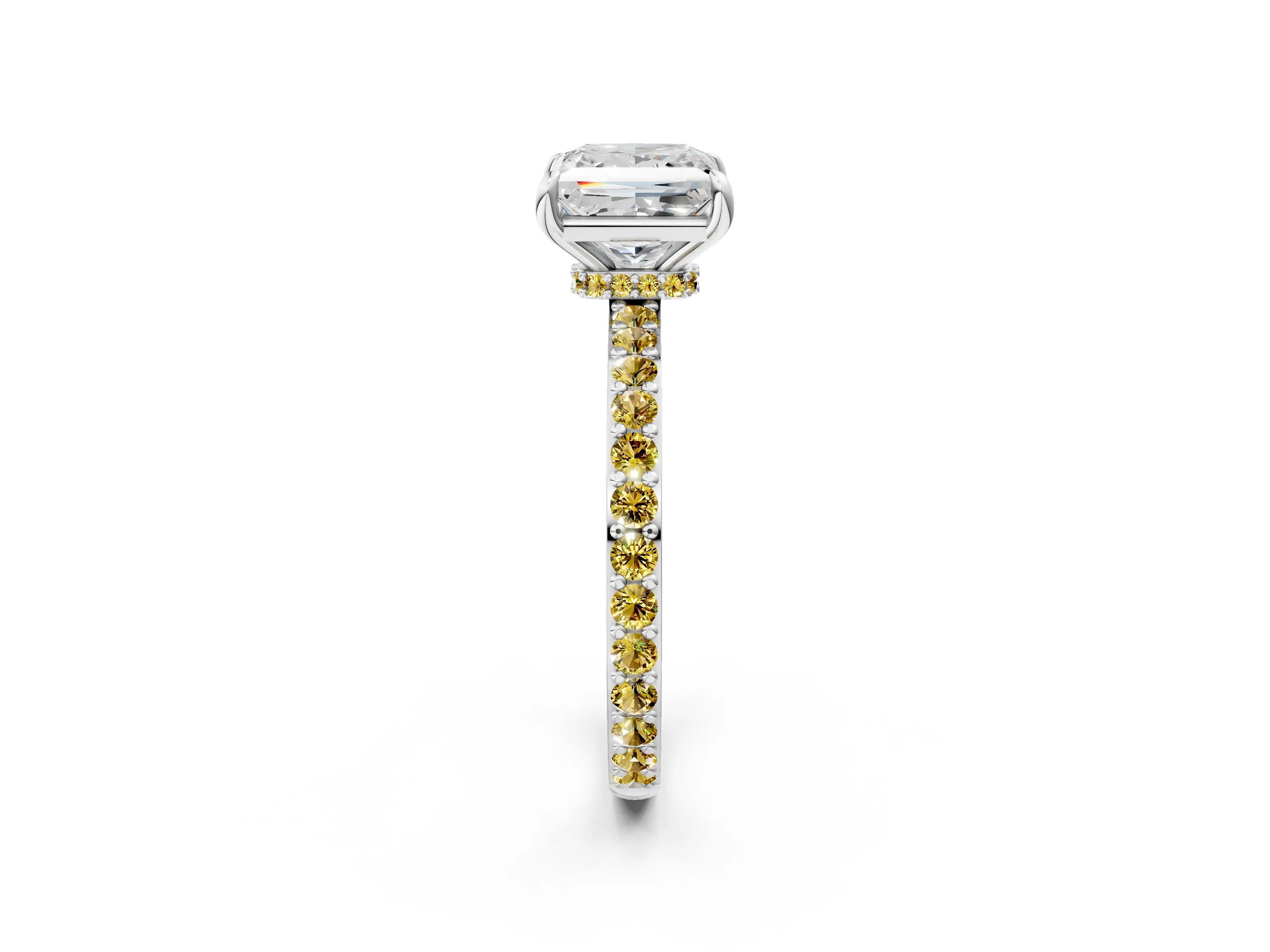 White gold Princess Cut Diamond Pavé Engagement Ring with Round with Yellow Sapphire side stone Accents and Prong Setting_2
