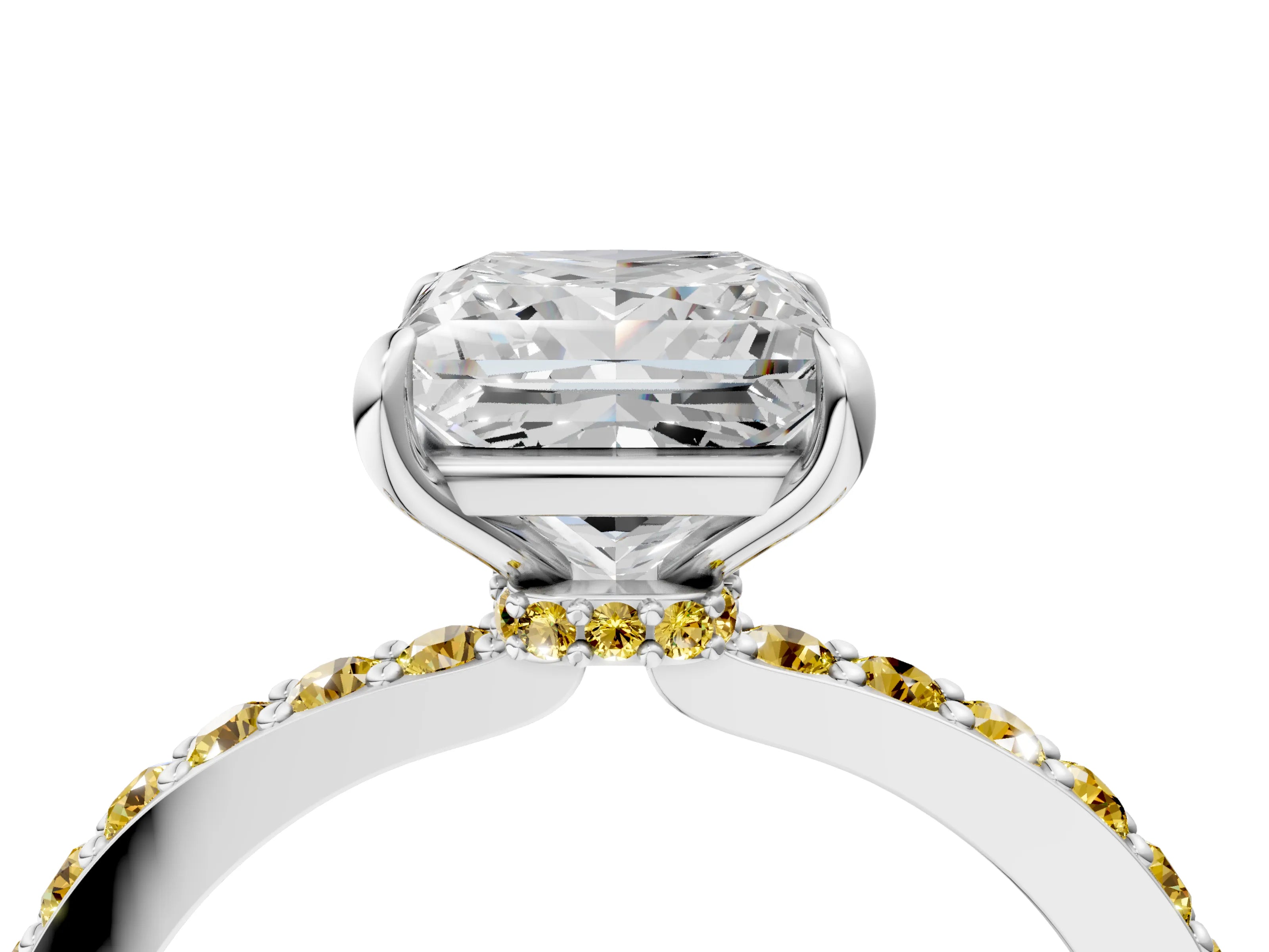 White gold Princess Cut Diamond Pavé Engagement Ring with Round with Yellow Sapphire side stone Accents and Prong Setting_4