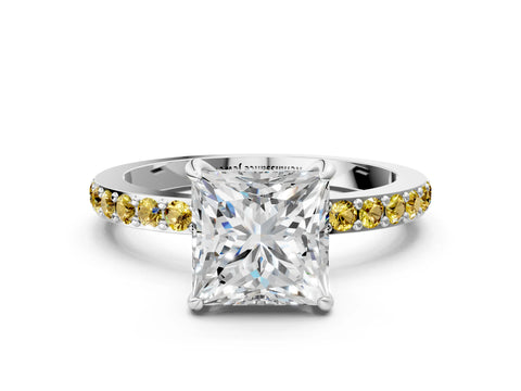 White gold Princess Cut Diamond Pavé Engagement Ring with Round with Yellow Sapphire side stone Accents and Prong Setting