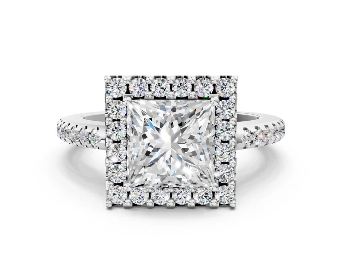 10K White Gold 1.05 Carat D VS1 Princess Diamond Pavé Halo Ring with Four-Prong Setting