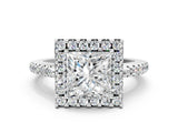 10K White Gold 1.05 Carat D VS1 Princess Diamond Pavé Halo Ring with Four-Prong Setting