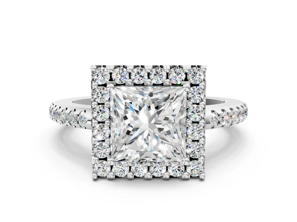 10K White Gold 1.05 Carat D VS1 Princess Diamond Pavé Halo Ring with Four-Prong Setting