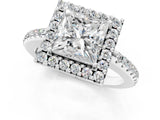 10K White Gold 1.05 Carat D VS1 Princess Diamond Pavé Halo Ring with Four-Prong Setting