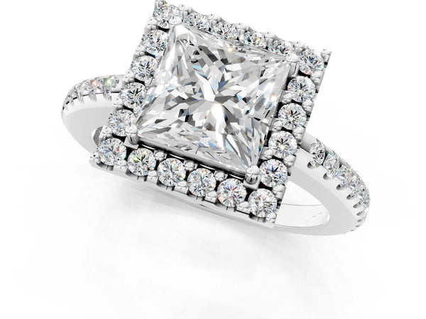 10K White Gold 1.05 Carat D VS1 Princess Diamond Pavé Halo Ring with Four-Prong Setting