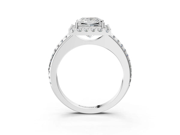 10K White Gold 1.05 Carat D VS1 Princess Diamond Pavé Halo Ring with Four-Prong Setting